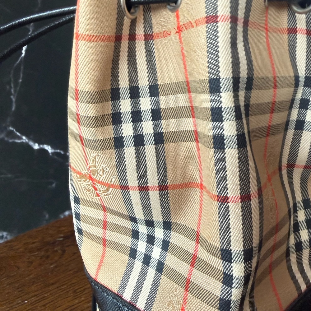 Burberry Beige Classic Check Drawstring Wristlet with Black Trim and Red Accents - Picture 3 of 8